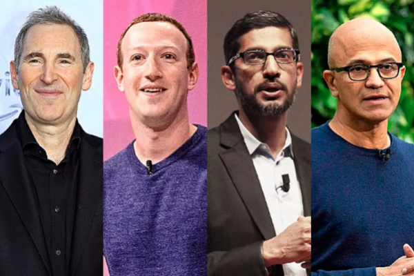 Andy Jassy, CEO de Amazon; Mark Zuckerberg,CEO de Meta; Sundar Pichai, CEO de Google, y Satya Nadella, CEO de Microsoft.