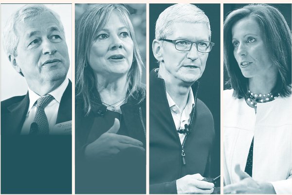 Jamie Dimon Director ejecutivo de JPMorgan y presidente de Business Roundtable; Mary Barra CEO de General Motors; Tim Cook Director ejecutivo de Apple; Adena Friedman Presidenta y directora general de Nasdaq.