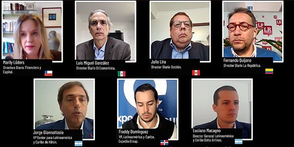 Directores de cuatro medios de la Red Iberoamericana de Prensa Económica (RIPE) dirigieron el webinar en el que expusieron Jorge Giannattasio (Hilton), Freddy Domínguez (Expedia Group) y Luciano Macagno (Delta Air Lines).