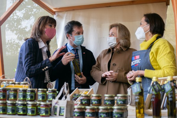 Mónica Zalaquett, ministra de la Mujer; Lucas Palacios, ministro de Economía; Cecilia Morel, la Primera Dama, junto a una emprendedora, durante el lanzamiento de esta mañana.