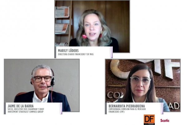 La comisionada de la CMF, Bernardita Piedrabuena, participó en un webinar organizado por DF. En la foto, también Marily Lüders, directora del DF, y Jaime de la Barra, socio de Compass Group.