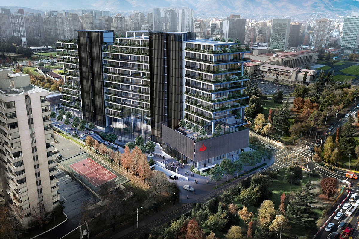 <p>Árboles de hasta 8 metros en altura, auditorio al aire libre y hall de entrada de 5 pisos: así será el edificio del Santander</p>
