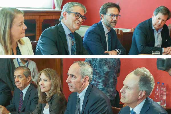 El ministro Marcel lideró la conversación con los dirigentes del sector empresarial. Fernando Alvear, Susana Jiménez, Ricardo Mewes, por la CPC, junto a José Manuel Mena, de la Asociación de Bancos.