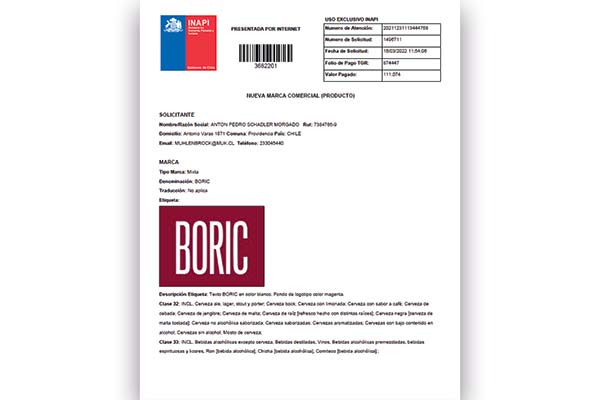 Inapi rechaza solicitud de registro de marca Boric para bebidas alcohólicas