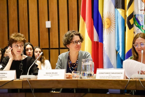 Maisa Rojas, ministra del Medio Ambiente (al centro), en la presentación del informe esta mañana en la Cepal.