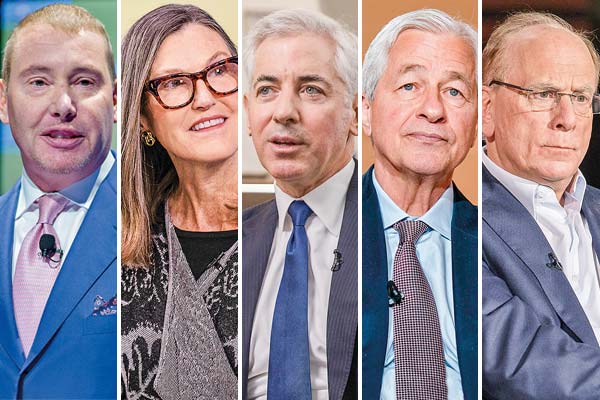 <p>Jeffrey Gundlach, director ejecutivo de Double Line. Cathie Wood, fundadora de Ark Investment Management. Bill Ackman, fundador y CEO de Pershing Square Capital Management. Jamie Dimon, presidente y CEO de Pp Morgan Chase. Larry Fink, presidente y CEO de Blackrock. Fotos: Bloomberg</p>