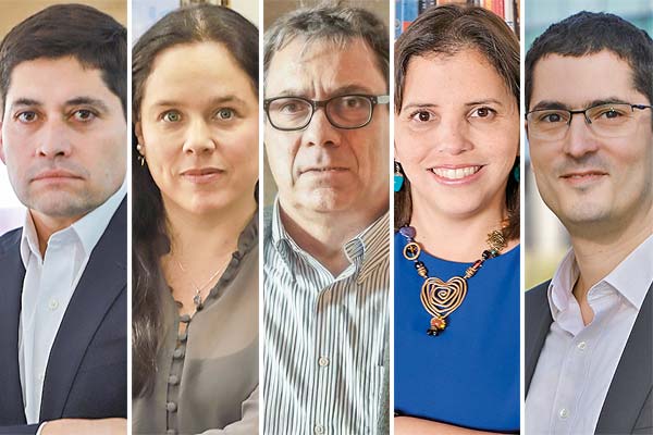 <p>De izquierda a derecha: Hermann González, socio de Valting Consulting. Carolina Grünwald, economista jefa de Prudential AGF. Tomás Izquierdo, gerente general de Gemines. Claudia Martínez, economista de Zahler & Co: Pablo Cruz, conomista jefe de BTG. Fotos: Julio Castro y Archivo</p>