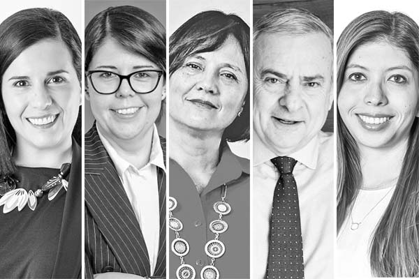 Consuelo Mengual, directora legal del Coordinador Eléctrico. Rebeca Zamora, socia de HD y head de Compliance. Loreto Silva, socia del Estudio Bofill Escobar Silva Abogados. Juan Ignacio Correa, socio-líder de Correa Squella. Macarena Montt, asociada senior Guerrero Olivos.