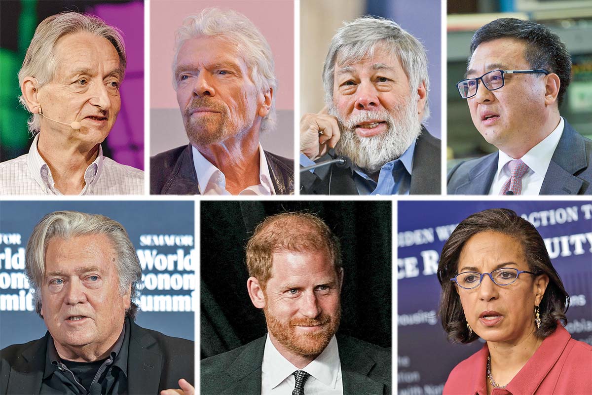 <p>Geoffrey Hinton  “padrino” de la IA. Richard Branson fundador de Virgin. Steve Wozniak Cofundador de Apple. Ya Qun Zhang expresidente de Baidu. Steve Bannon exasesor de Donald Trump. Principe Harry miembro de la Familia Real Británica. Susan Rice asesora de Seguridad Nacional de Barack Obama. Fotos: Bloomberg y Reuters</p>