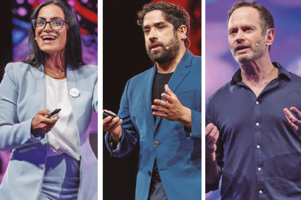 Komal Dadlani, cofundadora y CEO de Lab4U. Daniel Norero, cofundador de Neocrop Technologies. Sebastián Kraves, fundador de MiniPCR bio. FOTOS CONGRESO FUTURO