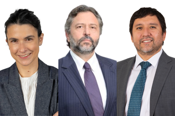 Isabel Monge, socia de Banca y Finanzas en Prieto; Javier Velozo, socio de PPU legal en materia de libre competencia; y Sergio Fuica, socio laboral de Guerrero Olivos.
