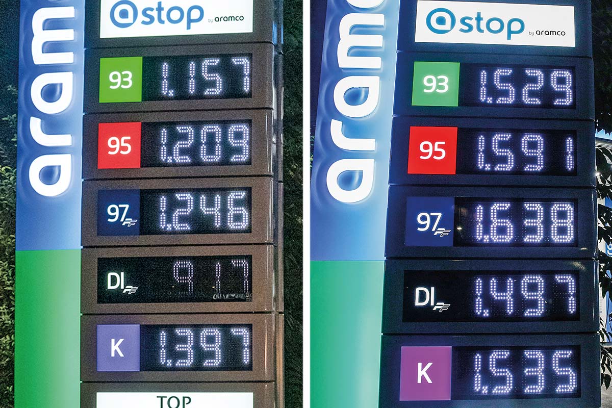 <p>El valor en pizarra de los combustibles el lunes 23 de marzo. Los precios este jueves, luego de ejecutarse la histórica alza de precios. Fotos: Aton</p>