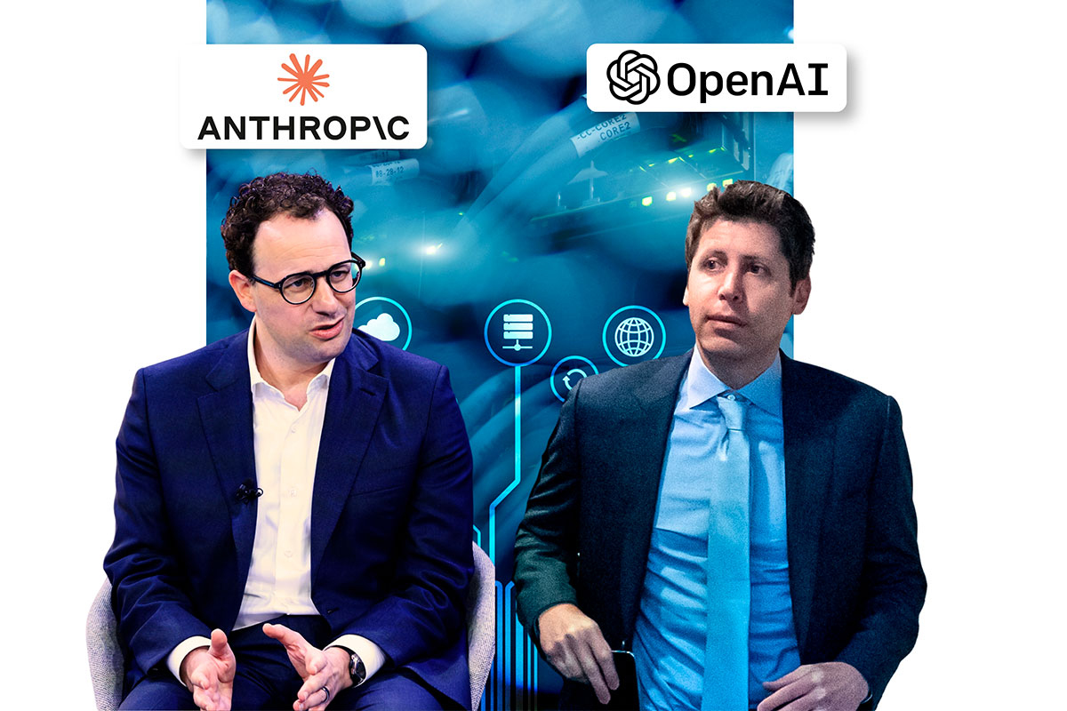 <p>Sam Altman y Dario Amodei. Fotos: Bloomberg</p>