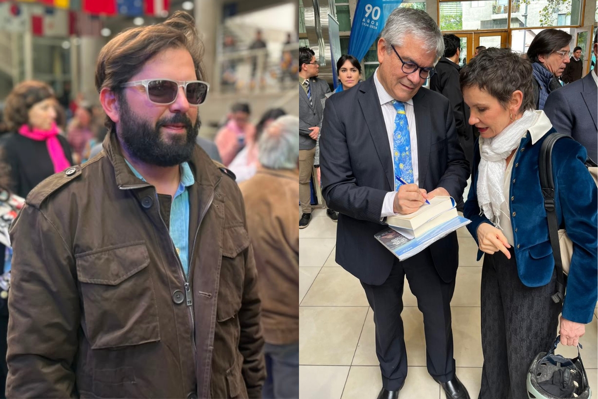 <p>La trastienda de lanzamiento del libro de Marcel en la FEN: Boric a lo “rock star”, Velasco confiesa el origen de sus canas y Tohá en bicicleta</p>