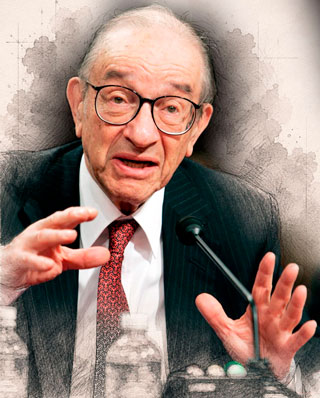 Ilustración de Alan Greenspan, expresidente de la Reserva Federal de Estados Unidos